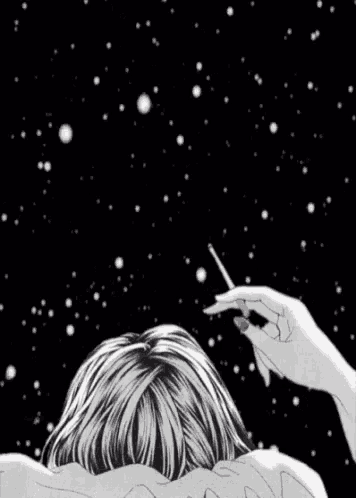 a black and white drawing of a woman smoking a cigarette in the snow .