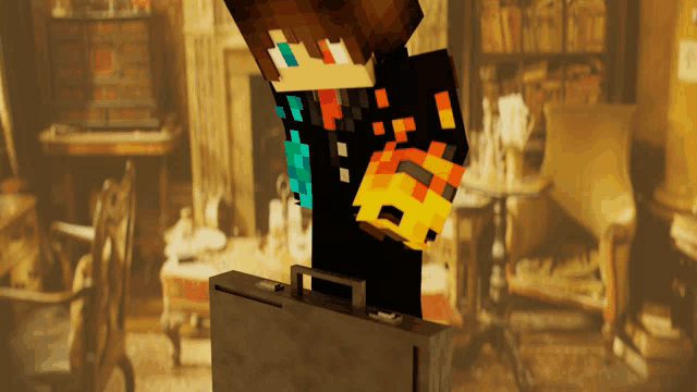 a minecraft character carrying a briefcase in a living room