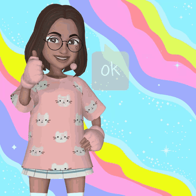 a girl giving a thumbs up with a ok speech bubble behind her