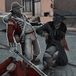 a man in a hat is holding a sword and a man in a red uniform is kneeling down .