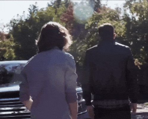 two men are walking towards a car and talking