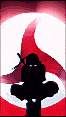 a silhouette of a ninja with red eyes and a sword