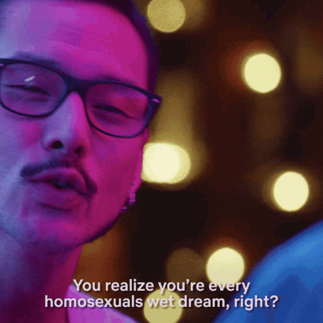 a man with glasses and a mustache says you realize you 're every homosexual wet dream right