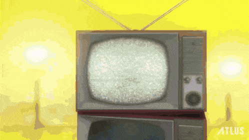 a stack of old televisions with the word atlus on the bottom right