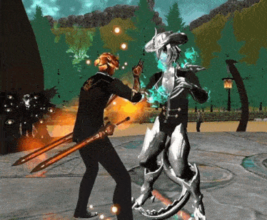 a man is fighting a monster in a video game while holding a sword .