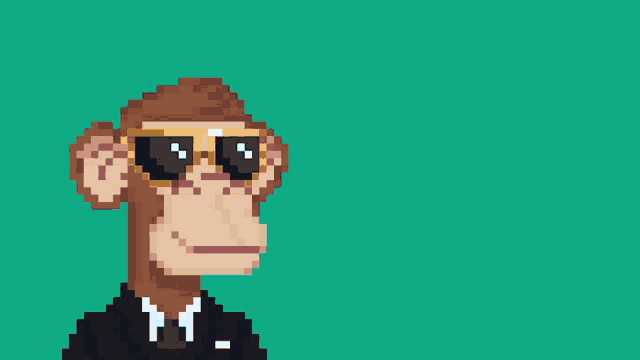 a pixel art of a monkey in a suit and tie with a thought bubble that says gm