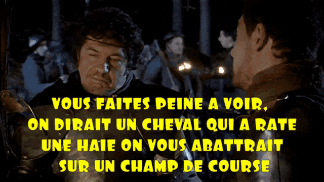 a man in armor is talking to another man in armor with the words " vous faites peine a voir " above him