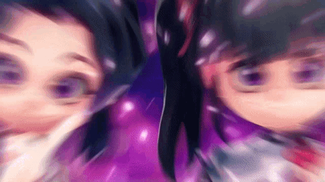 a blurry picture of two anime characters standing next to each other in front of a purple background .