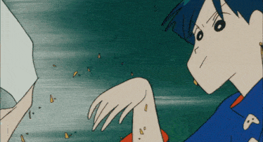 a cartoon character with a blue hair and a white shirt has a white arrow on his chest