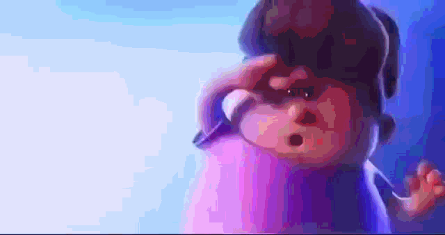 a close up of a cartoon character with purple hair