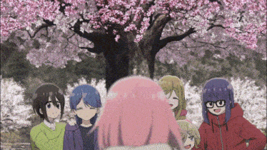 a group of anime characters are standing in front of a tree with pink flowers