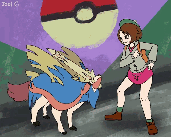a drawing of a girl standing next to a pokemon with the name joel g on the bottom right