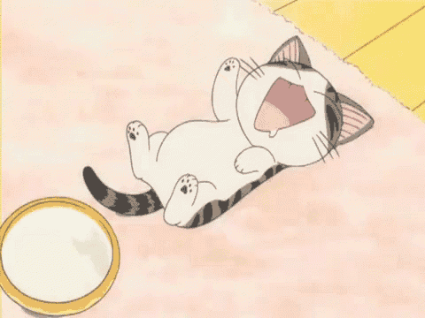 a cat is laying on its back with its mouth open next to a bowl of milk .