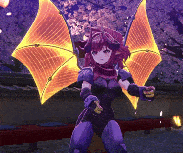 a girl in a purple and orange outfit with wings is standing in front of a cherry blossom tree