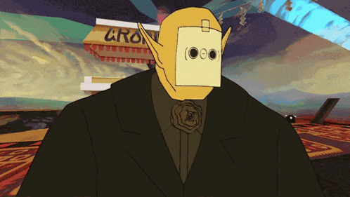 a cartoon character stands in front of a sign that says cro