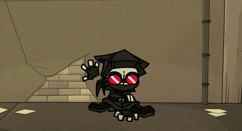 a cartoon character with red eyes and black gloves is making a funny face
