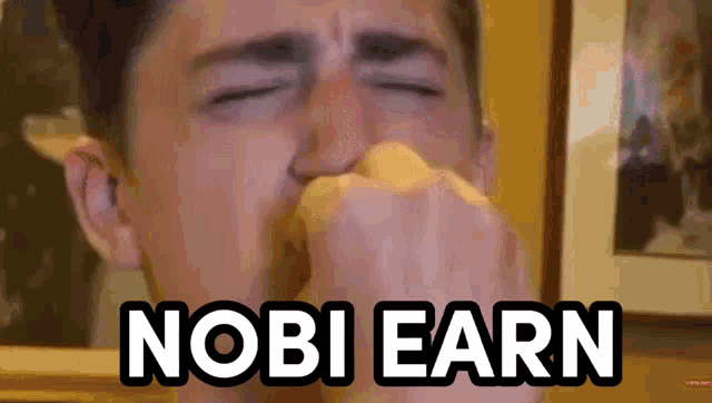 a man covering his nose with his fist and the words " nobi earn " written on the bottom