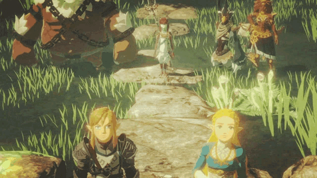 a group of video game characters standing in a field