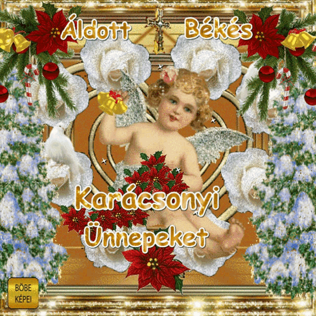 a christmas greeting card with a baby angel holding a gift