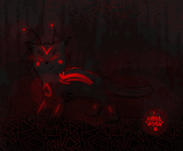 a drawing of a black cat with red glowing eyes