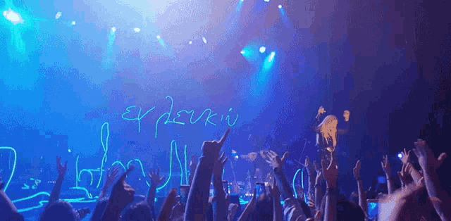 a crowd at a concert with their hands in the air and a sign in the background that says ' erdouki '
