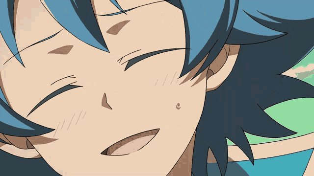 a close up of a cartoon character with blue hair