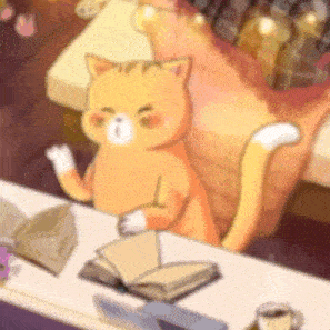 a cartoon cat is sitting at a table with a book .