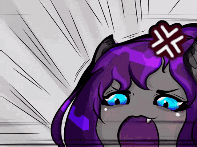 a cartoon drawing of a girl with purple hair and blue eyes with an angry look on her face
