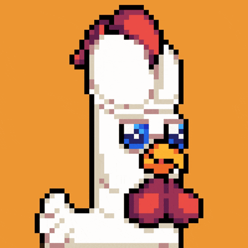 a pixel art of a chicken wearing sunglasses and a red hat