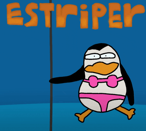 a cartoon of a penguin standing on a pole with the word striper in orange