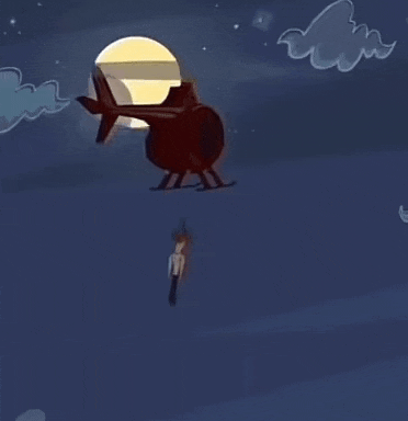 a cartoon of a helicopter flying over a man .