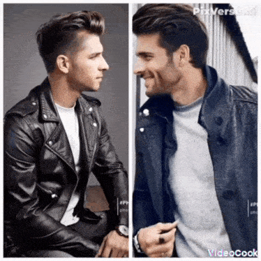 two pictures of a man wearing a leather jacket and a gray shirt