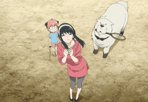 a woman in a pink shirt is standing next to a dog