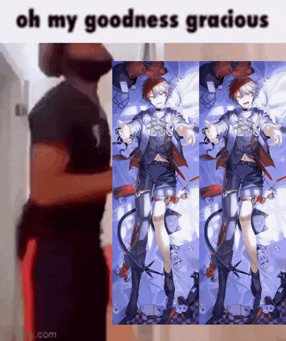 a man is standing in front of a picture that says oh my goodness gracious on it