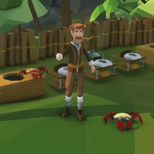 a man with a beard is standing next to a crab
