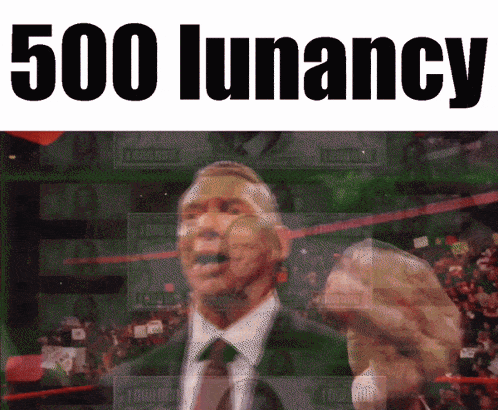 a man in a suit and tie stands in front of a crowd with the words 500 lunacy on the bottom