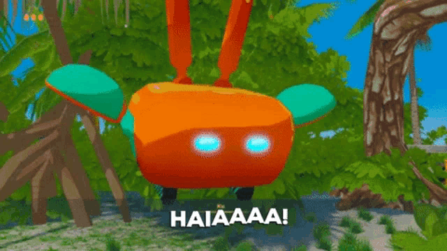 a video game character says haiaaa in front of a tree