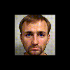 a man with a beard and blue eyes looks at the camera with a serious look on his face