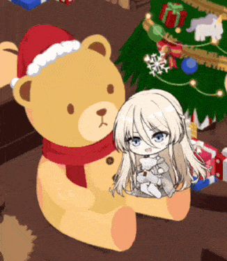 a teddy bear with a santa hat and scarf is holding a little girl in front of a christmas tree