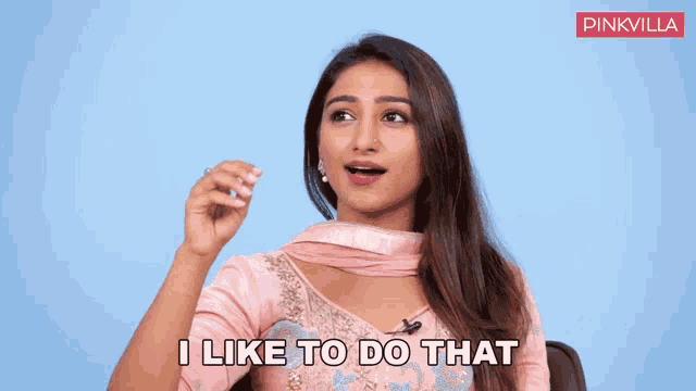 a woman in a pink dress says i like to do that in front of a blue background