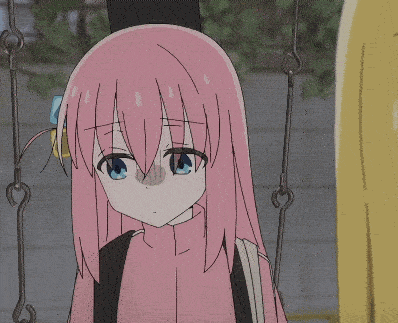 a girl with pink hair and blue eyes is standing in front of a swing