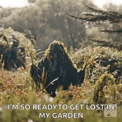 a sniper is sitting in the grass with the words i 'm so ready to get lost in my garden written below him