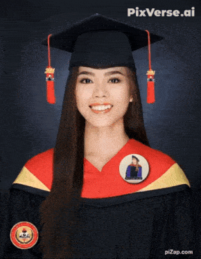 a picture of a woman in a graduation cap and gown with pixverse.ai on the bottom