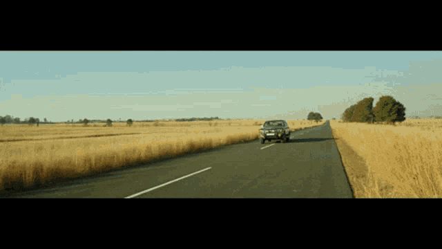 a car is driving down a road that is surrounded by tall grass