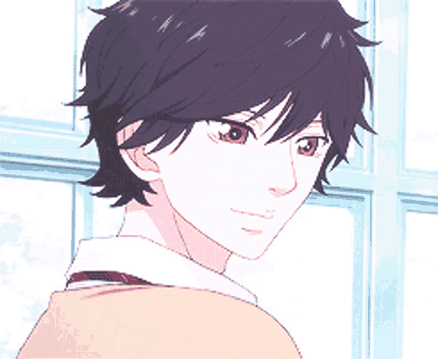 a close up of a boy 's face with purple hair and red eyes