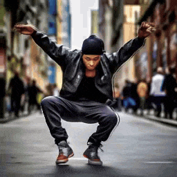 a man in a leather jacket is kneeling down on the street .