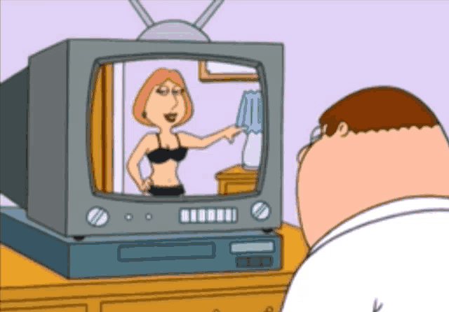 peter griffin is watching a cartoon of lois griffin on the television