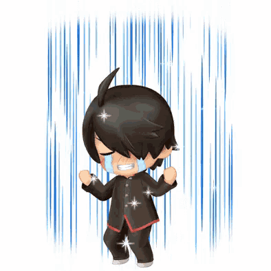 a cartoon character with black hair is standing in the rain .