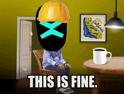 a man wearing a hard hat is sitting in front of a table with the words this is fine on it