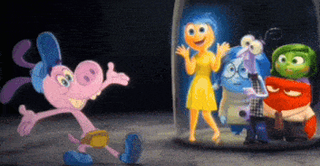 a group of cartoon characters standing around a glass jar